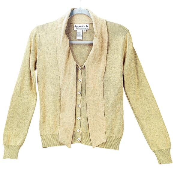 VIntage Joseph A Womens Silk Sweater Gold Metallic Shimmer Tie Sash Quiet Luxury - Picture 1 of 6